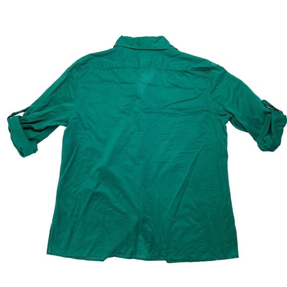 CHICOS Emerald Green 100% Cotton Roll Tab Button Up Shirt Size Large (2) Collar - Picture 5 of 10